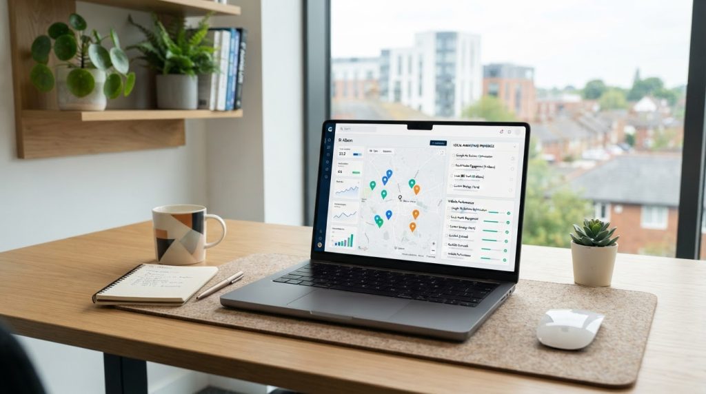 Modern laptop showing a local SEO checklist and map search concept for St Albans businesses