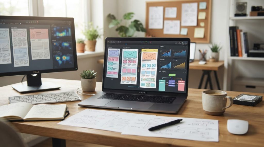 Modern workspace showing website redesign wireframes and SEO analytics concept